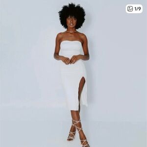 Klassy Network Cream Strapless Midi Dress with Thigh Slit